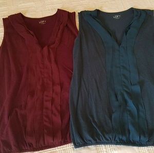 Teal and burgundy ruffled tank tops